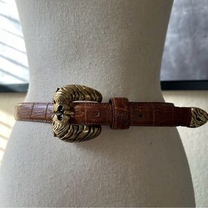Brown Croc-Embossed Leather Belt with Gold Lion Buckle Vintage